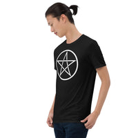 White Wiccan Pentagram design on unisex T-shirt, left-front view