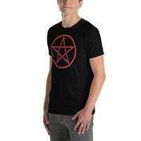 Red Wiccan Pentagram design on unisex T-shirt, left-front view