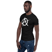 White Anarchy Symbol design on unisex T-shirt, left-front view