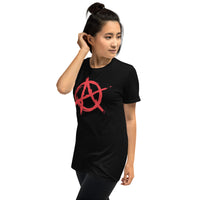 Red Anarchy Symbol design on unisex T-shirt, left-front view