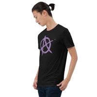 Purple Anarchy Symbol design on unisex T-shirt, left-front view