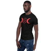 Red Triple Moon Goddess design on unisex T-shirt, left-front view
