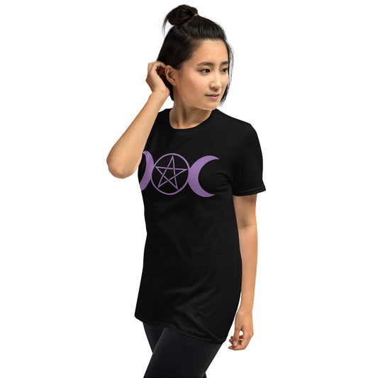 Purple Triple Moon Goddess design on unisex T-shirt, left-front view
