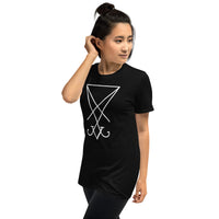 White Sigil of Lucifer design on unisex T-shirt, left-front view