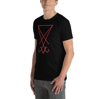 Red Sigil of Lucifer design on unisex T-shirt, left-front view