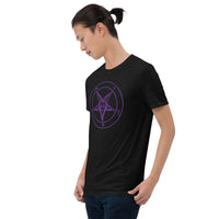 Purple Sigil of Baphomet design on unisex T-shirt, left-front view