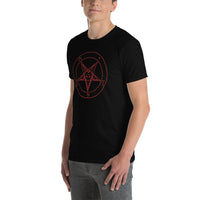 Red Sigil of Baphomet design on unisex T-shirt, left-front view