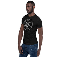 White Sigil of Baphomet design on unisex T-shirt, left-front view