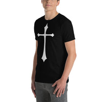 White Medieval Cross design on unisex T-shirt, left-front view