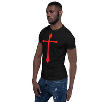 Red Medieval Cross design on unisex T-shirt, left-front view