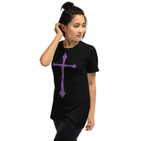 Purple Medieval Cross design on unisex T-shirt, left-front view