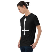 White Inverted Cross design on unisex T-shirt, left-front view
