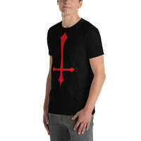 Red Inverted Cross design on unisex T-shirt, left-front view