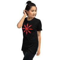 Red Chaos Star design on unisex T-shirt, left-front view