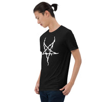 White Melting Inverted Pentagram design on unisex T-shirt, left-front view