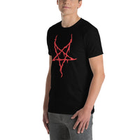 Red Melting Inverted Pentagram design on unisex T-shirt, left-front view