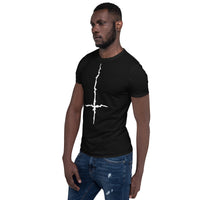 White Melting Inverted Cross design on unisex T-shirt, left-front view