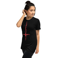 Red Melting Inverted Cross design on unisex T-shirt, left-front view