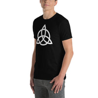Celtic Triquetra design on unisex T-shirt, left-front view
