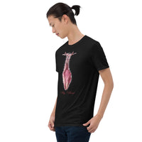 Shy Vampire Bat design on unisex T-shirt, left-front view