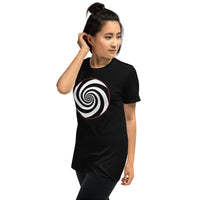 Hypnotic Spiral Illusion design on unisex T-shirt, left-front view