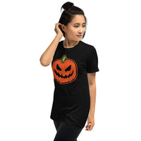 Scary Jack O' Lantern design on unisex T-shirt, left-front view