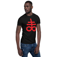Red Leviathan Cross design on unisex T-shirt, right-front view