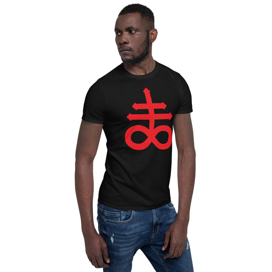 Red Leviathan Cross design on unisex T-shirt, right-front view