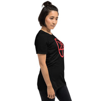 Red Inverted Pentagram design on unisex T-shirt, right-front view