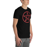 Red Wiccan Pentagram design on unisex T-shirt, right-front view