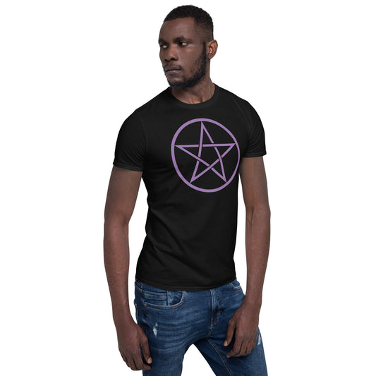 Purple Wiccan Pentagram design on unisex T-shirt, right-front view