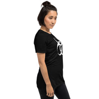 White Biohazard Symbol design on unisex T-shirt, right-front view