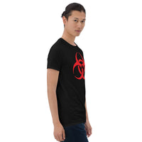 Red Biohazard Symbol design on unisex T-shirt, right-front view