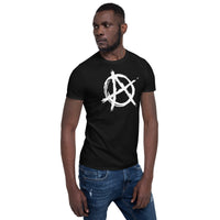 White Anarchy Symbol design on unisex T-shirt, right-front view