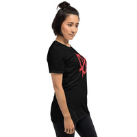 Red Anarchy Symbol design on unisex T-shirt, right-front view