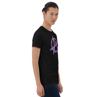 Purple Anarchy Symbol design on unisex T-shirt, right-front view