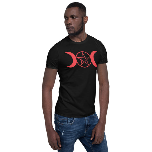 Red Triple Moon Goddess design on unisex T-shirt, right-front view