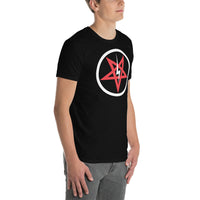 Satanic Church Sigil Bolt design on unisex T-shirt, right-front view