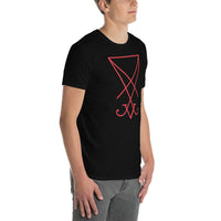 Red Sigil of Lucifer design on unisex T-shirt, right-front view