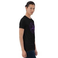Purple Sigil of Baphomet design on unisex T-shirt, right-front view