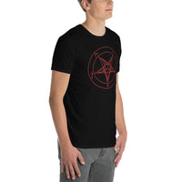 Red Sigil of Baphomet design on unisex T-shirt, right-front view