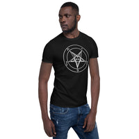 White Sigil of Baphomet design on unisex T-shirt, right-front view