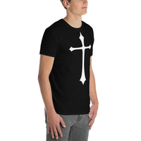 White Medieval Cross design on unisex T-shirt, right-front view