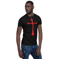 Red Medieval Cross design on unisex T-shirt, right-front view