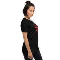 Red Chaos Star design on unisex T-shirt, right-front view