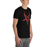 Red Melting Inverted Pentagram design on unisex T-shirt, right-front view