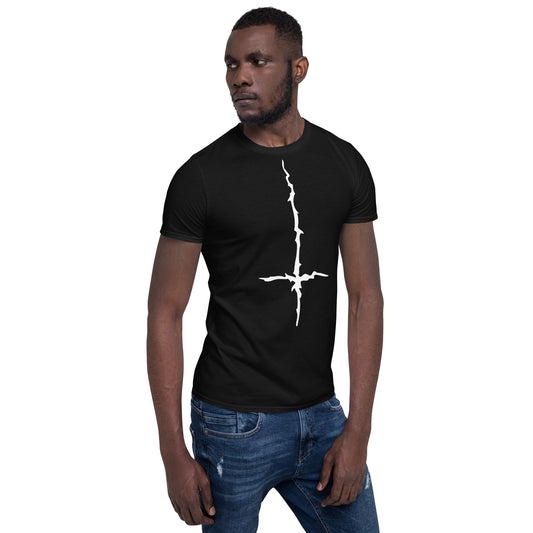 White Melting Inverted Cross design on unisex T-shirt, right-front view