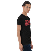 Black Red Gothic Stripes design on unisex T-shirt, right-front view