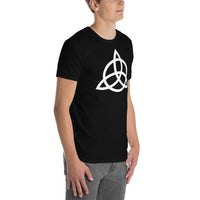 Celtic Triquetra design on unisex T-shirt, right-front view