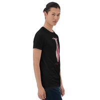 Shy Vampire Bat design on unisex T-shirt, right-front view
